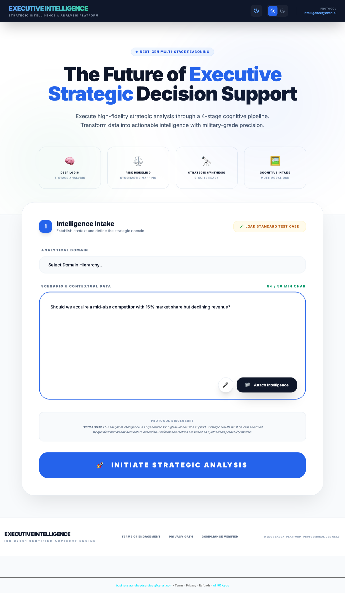 Executive Intelligence Platform — strategic decision engine with intelligence intake form